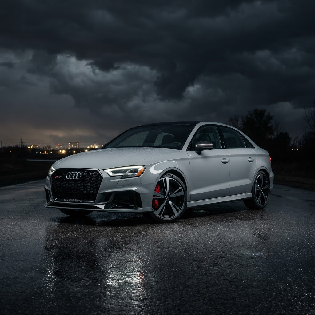 Audi RS3 2018 cinzento em ambiente noturno