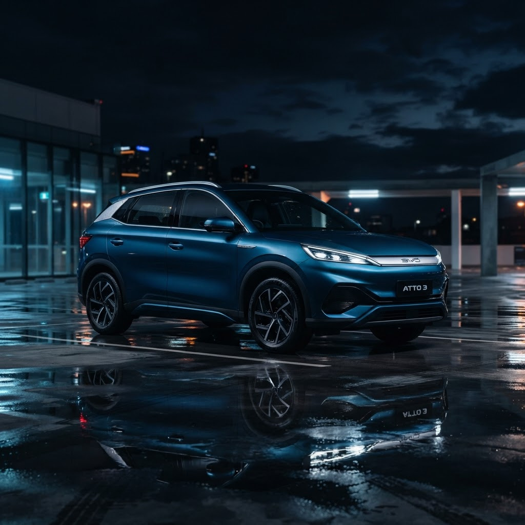 BYD Atto 3 2023 elétrico azul em ambiente noturno
