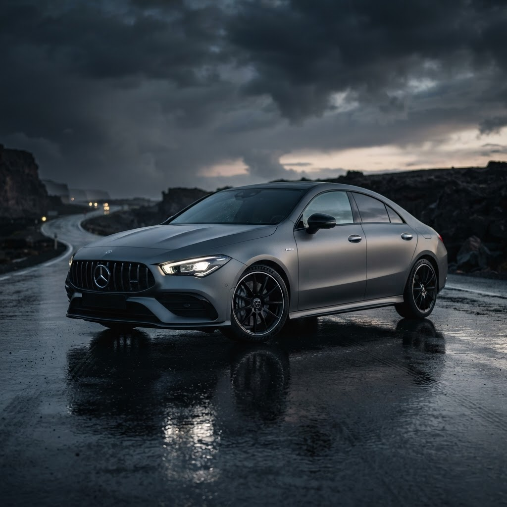 Mercedes CLA 200 AMG 2020 cinzento em ambiente noturno